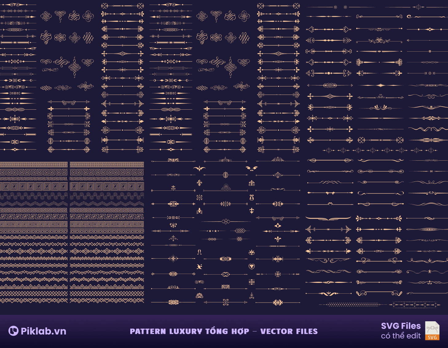 Luxury Vector Pattern Set, Collection of Golden Decorative Borders and Dividers, bộ sưu tập họa tiết sang trọng, khung viền, trang trí, SVG file.
